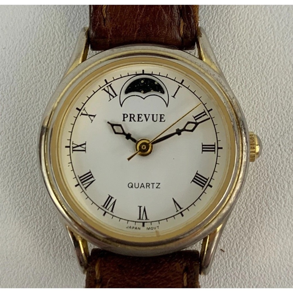 Prevue Ladies V2328 Two Tone Faux Silver Gold Moon Phase Watch w/ Calfskin Band